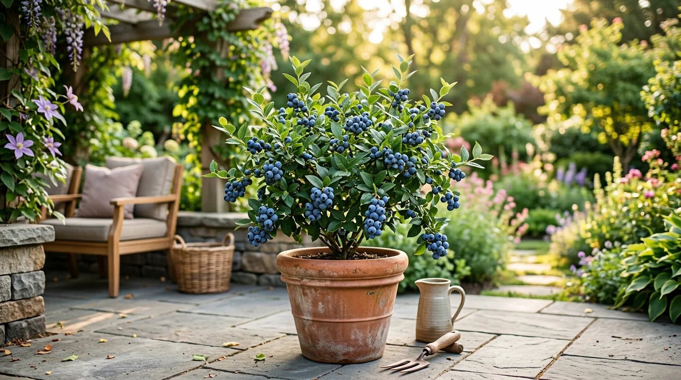Garden patio with Soil Song's container-grown blueberry bush full of dark berries