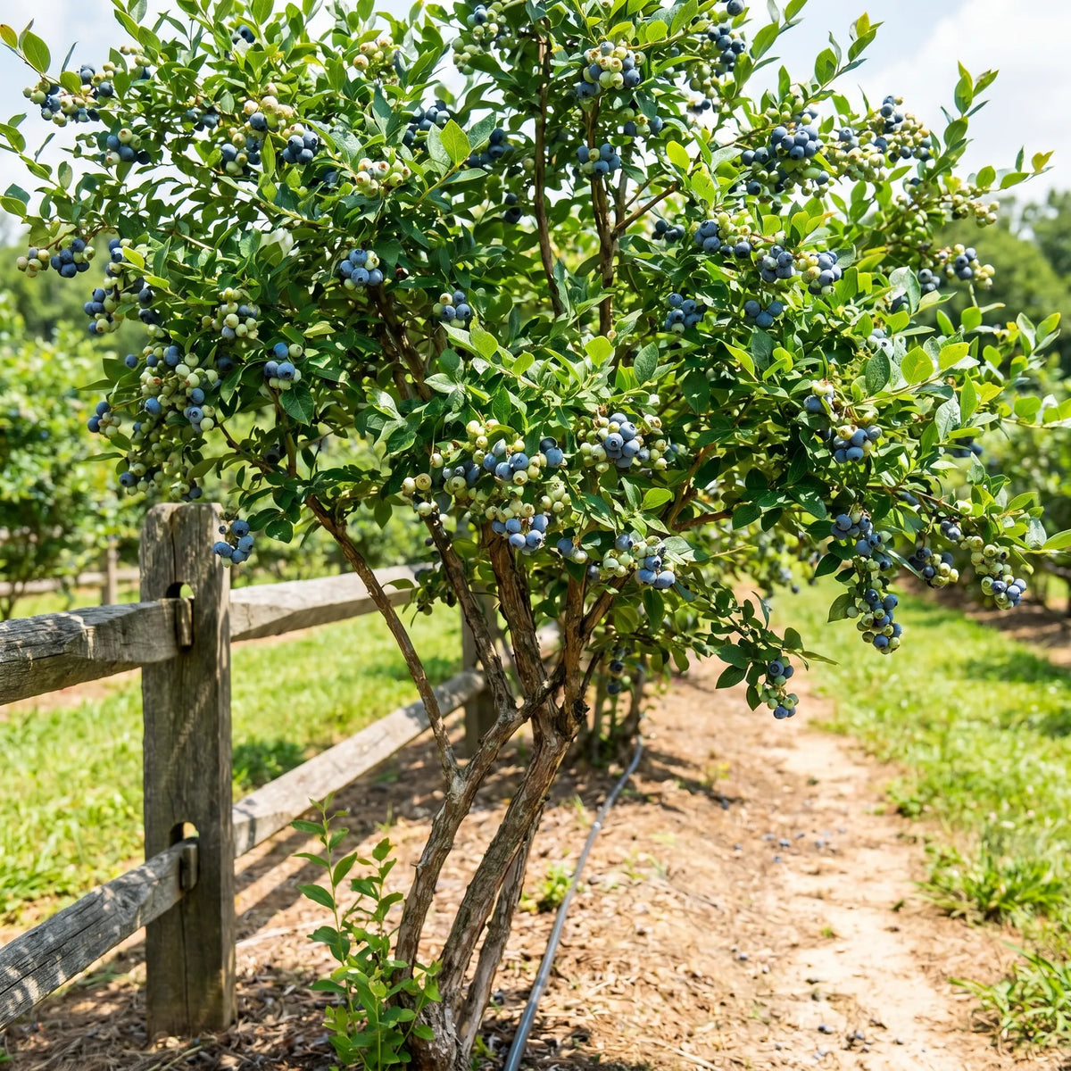 Blueberry tree sapling with dark blue and green berries near wooden fence at Soil Song farm