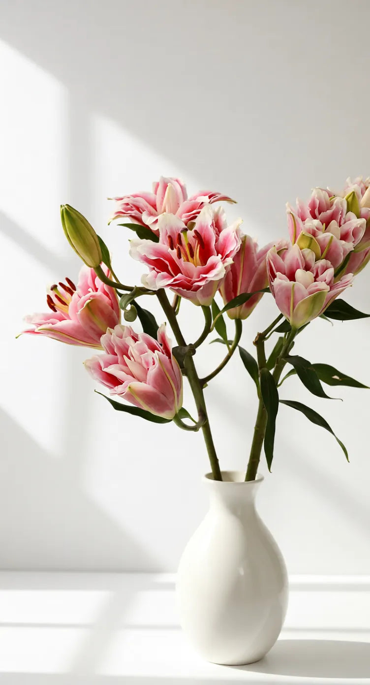 Soft pink double oriental lilies in a matte white ceramic vase with natural window light casting geometric shadows