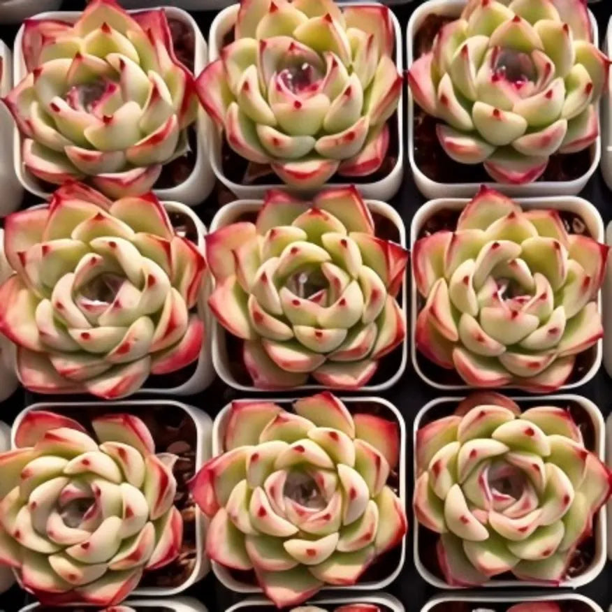 Echeveria succulent rosettes in small pots, pale green with red-tinted tips